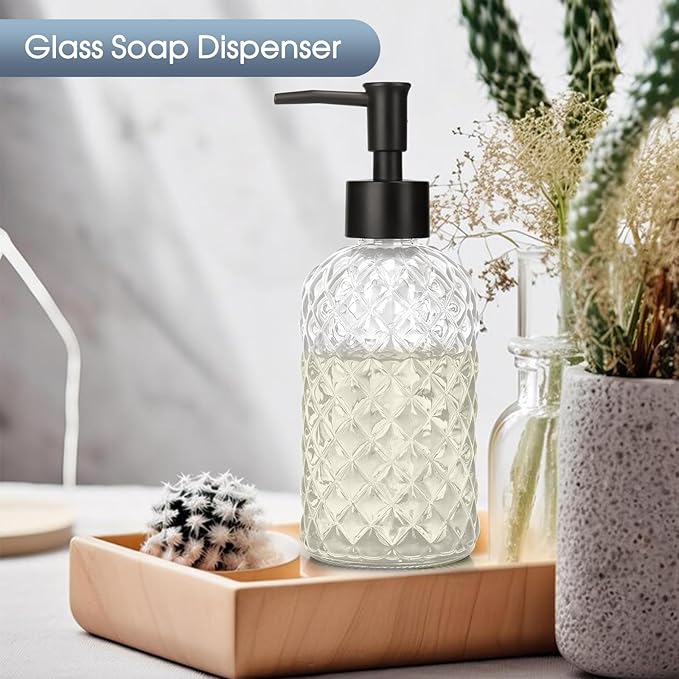 Topsky Gem Glass Soap Dispenser with Black Plastic Pump, 13oz Liquid Hand Soap Dispenser, Rustproof Pump for Kitchen & Bathroom, Great for Lotions, Essential Oil, Liquid Soaps-Clear - Image 2