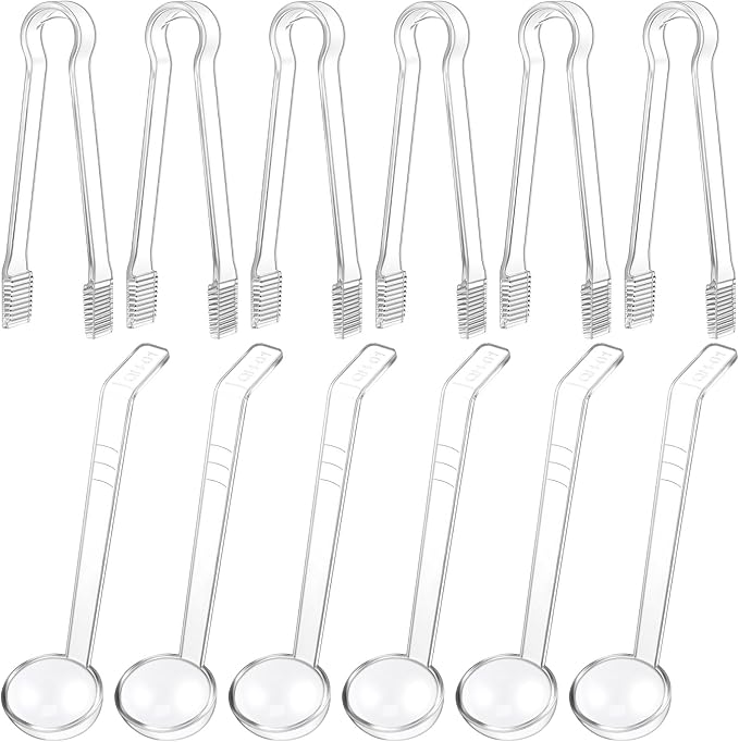 12 Pieces Plastic Serving Utensils Set Including 6 Pcs 1 oz Small Ladle and 6 Pcs Tong Acrylic Long Handle Ladle for Serving Sauce, Soup, Dressing, Punch Bowl, Gravy for Party Banquet Catering(Clear) by Domensi