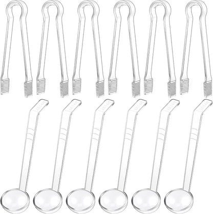 12 Pieces Plastic Serving Utensils Set Including 6 Pcs 1 oz Small Ladle and 6 Pcs Tong Acrylic Long Handle Ladle for Serving Sauce, Soup, Dressing, Punch Bowl, Gravy for Party Banquet Catering(Clear) by Domensi