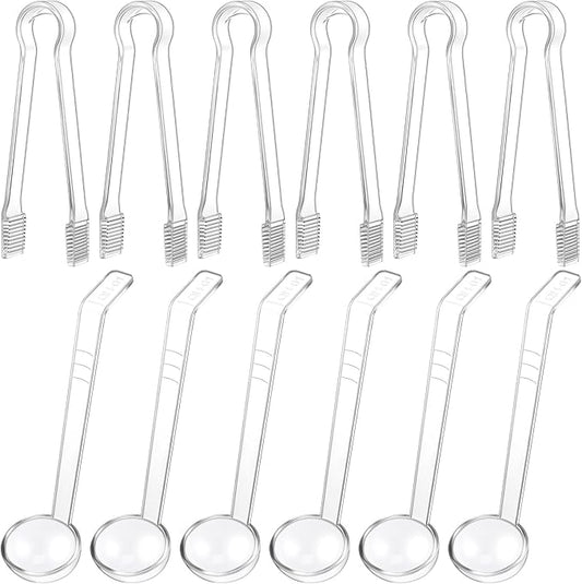 12 Pieces Plastic Serving Utensils Set Including 6 Pcs 1 oz Small Ladle and 6 Pcs Tong Acrylic Long Handle Ladle for Serving Sauce, Soup, Dressing, Punch Bowl, Gravy for Party Banquet Catering(Clear) by Domensi