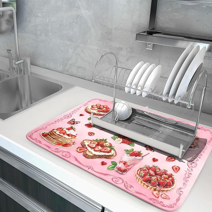 Strawberry Dish Drying Rack Mat Pink Absorbent Microfiber Dish Drying Mat for Kitchen Counter 18x24 In - Image 5