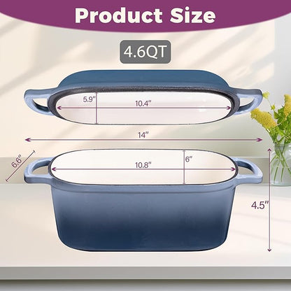 4.6-Quart Oval Dutch Oven for Bread Baking, 2 in 1 Enameled Cast Iron Bread Pan with Lid, Sourdough Bread Dutch Oven for a Crispy Crust, Seasalt