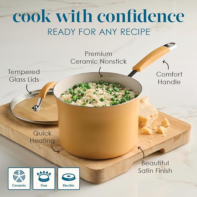 Rachael Ray Cucina Ceramic Cookware Set - 13 Pieces - Ceramic Pots and Pans Set w/Nonstick Frying Pans, Saute Pan, Saucepans, Stockpot, Lids, Pan Protectors & Cooking Utensils - Turmeric - Image 6