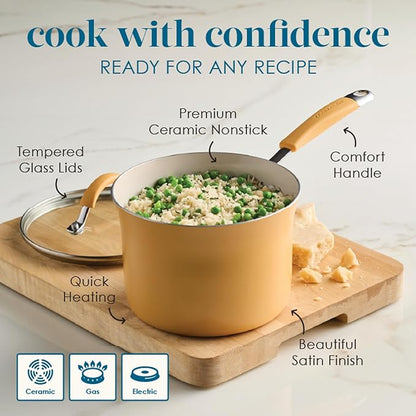 Rachael Ray Cucina Ceramic Cookware Set - 13 Pieces - Ceramic Pots and Pans Set w/Nonstick Frying Pans, Saute Pan, Saucepans, Stockpot, Lids, Pan Protectors & Cooking Utensils - Turmeric - Image 6