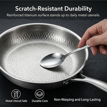 Titanium Hammered Pan Pro with Lid, PFAS/PFOA/PTFE-Free Non stick Titanium Frying Pan, Dishwasher & Oven Safe, Scratch Resistant, Even Heating Titanium skillet, Compatible With All Cooktops (11 inch)