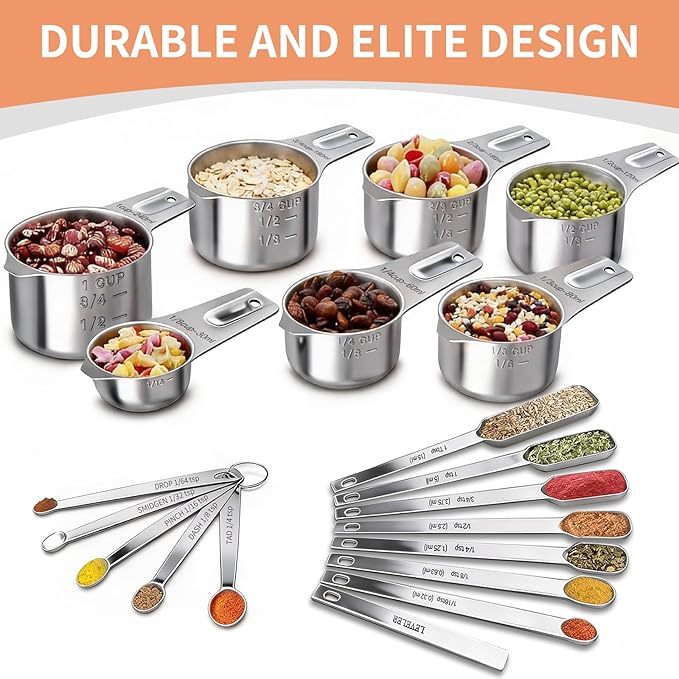 EWFEN Measuring Cups and Spoons Set, 7 Stainless Steel Nesting Measuring Cups & 7 Spoons, 5 Mini Measuring Spoons &1 Leveler, Kitchen Gadgets for Cooking & Baking, Square - Image 4