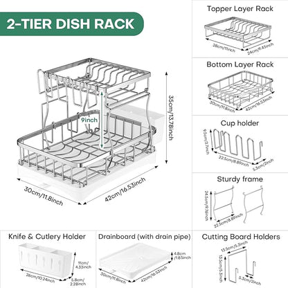 2 Tier Dish Drying Rack,Stainless Steel Dish Rack For Storing Knife Fork Pots&Pans,Dish Drying Rack With Drain Tray For Kitchen Countertops/Sinks,Silver Tiered Dish Rack With Retractable Drain Outlet