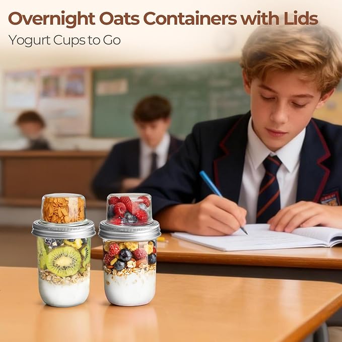 ComSaf Overnight Oats Containers with Lids (16OZ+4OZ, 2PCS) On-The-Go Dual-Laryer Yogurt Parfait Cups with Dry and Wet Separation Mason Jars for Chia Pudding Cereal Nut Fruit Meal Prep Salad - Image 7
