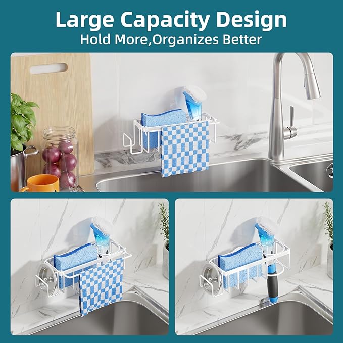 TAILI 4-in-1 Sink Caddy with Strong Suction Cup, Sponge Holder for Kitchen Sink Organizer, Removable, Rustproof, Stainless Steel Holder for Sponge, Brush, Scrubber, Scraper - White - Image 6