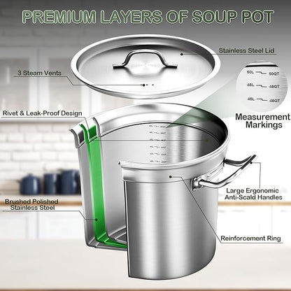 Stainless Steel Stock Pot,50 QT Large Stock Pot with Lid, Heavy Duty Tri-Ply Bottom Commercial Grade Stock Pots & Stockpots for Boiling Cooking Soup Stew Canning Cookware Sauce Cooking Pots