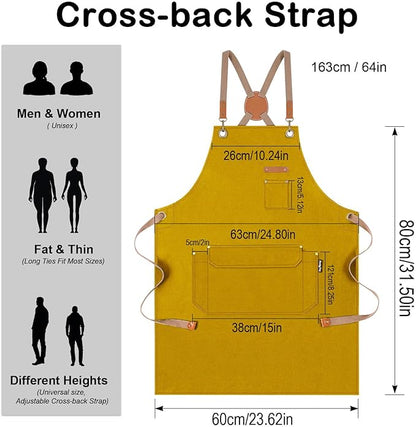 Genixart Chef Apron for Men Women with Pockets, Canvas Aprons for Kitchen Cooking, Artist Painting, Work Apron for Server (Yellow, 6 Pack)