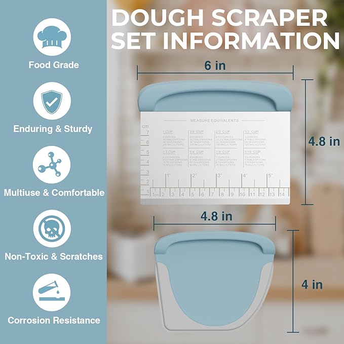 Bench Scraper Dough Cutter Tool - Bowl Pastry Scraper for Bread Cake Pizza, Bench Knife Kitchen Dough Scraper for Baking, Stainless Steel Food Scraper with Grip Handles & Measuring Scal, Blue - Image 3