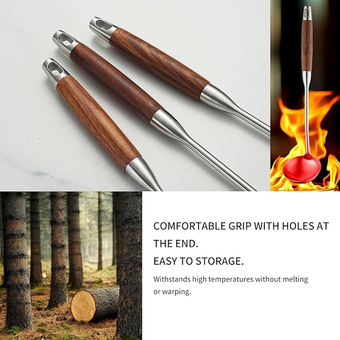 Izurok 18/10 Stainless Steel Kitchen Utensils Set,10 Piece Cooking Utensils With Wood Handle,Heat Resistant Kitchen Tool Set With Spatula,Spoon,Ladle,Skimmer,Slotted Turners,Pasta,Turner,Ladl,Fork - Image 5