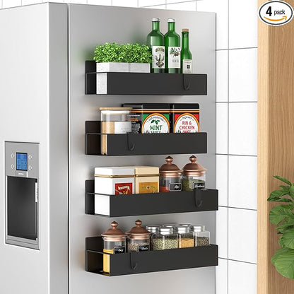 HuggieGems 4 Pack Magnetic Spice Storage Rack Organizer for Refrigerator and Oven, Matt Black Fridge Organizers and Storage by HuggieGems