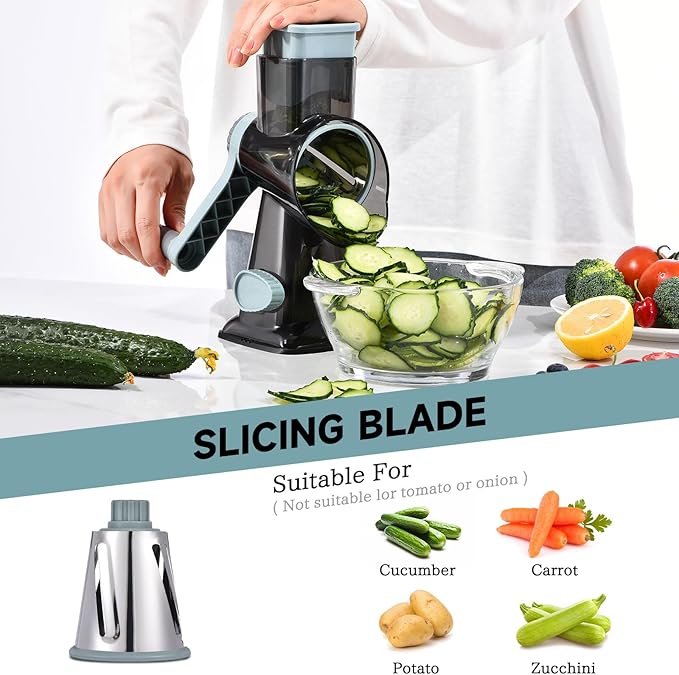 Rotary Cheese Grater with Handle Kitchen Shredder Slicer Grater Slicer Ice Shaver Cheese Vegetable Nuts Potato Zucchini Chocolate 3 Interchangeable Blades (GreyBlue - Image 4