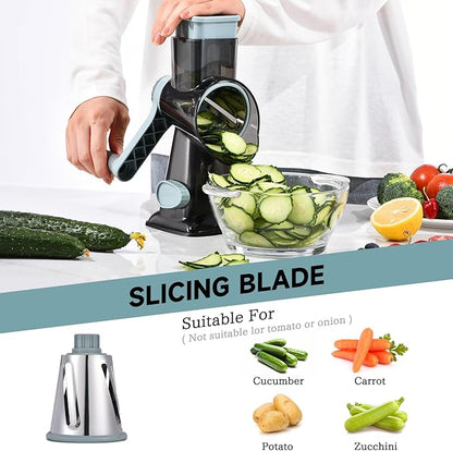 Rotary Cheese Grater with Handle Kitchen Shredder Slicer Grater Slicer Ice Shaver Cheese Vegetable Nuts Potato Zucchini Chocolate 3 Interchangeable Blades (GreyBlue - Image 4