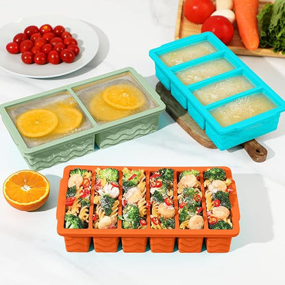 Doasuwish 3-Pack Silicone Freezer Trays with Lid,2 Large 2-Cup(500ml)&4 Medium 1-Cup(250ml)&6 Small 1/2-Cup(125ml) Soup Freezer Container Molds,Ice Cube Tray For Meal Prep&Freezing Soup,Stews,Sauces