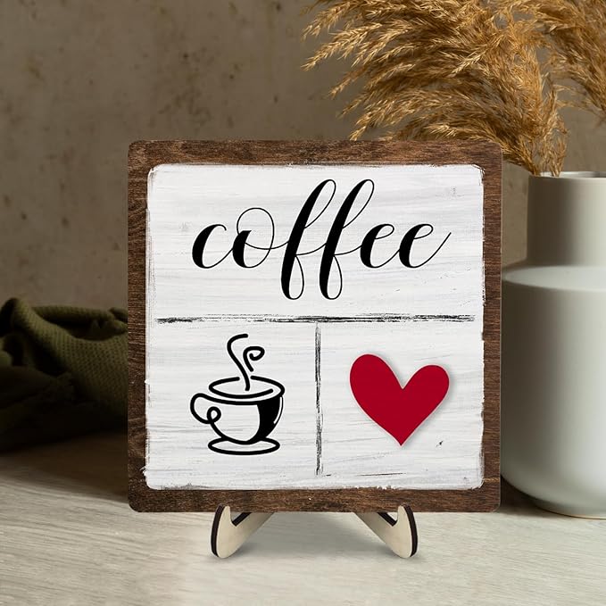 Vintage Coffee Bar Decor Sign,Rustic Wooden Plaque for Java Station, Kitchen,Cafe or Tea Corner, Funny Jave Gift for Coffee Lovers,Cute Heart Design Cafe Decor 5.9x5.9inch - Image 5