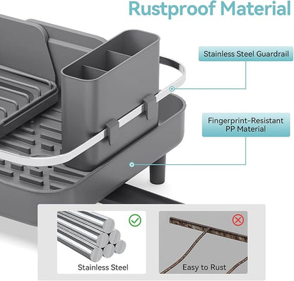 Urackify Expandable Dish Rack for Kitchen Counter, 16.14"-23.62" Large Stainless Steel Dish Drying Rack with Adjustable Water Spout, Space Saving Dish Drainer with Auto Draining Cutlery Holder,Grey - Image 6