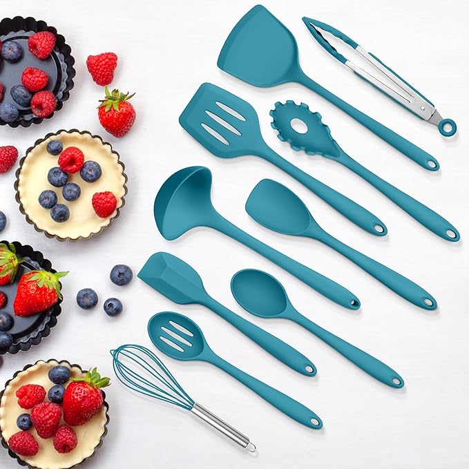Silicone Cooking Utensils Set of 10, Kitchen Utensils Set for Cooking, 446°F Heat Resistant Silicone Kitchen Tools with Turner Spatula, Soup Ladle, Serving Spoons, Tongs for Nonstick Cookware - Blue