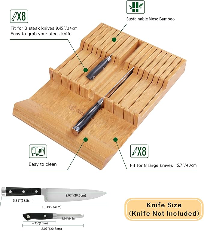 Utoplike In-drawer Knife Block Bamboo Kitchen Knife Drawer Organizer Large, handle Steak knife Holder without Knives, Fit for 16 Knife and 1 Sharpening Steel (Knives & Sharpening Not Included) - Image 4