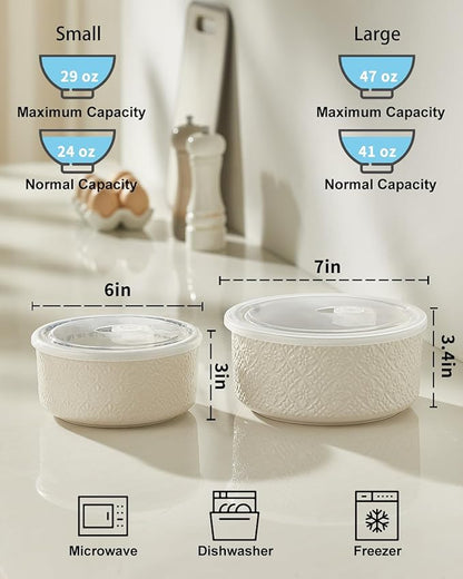 Metahom Ceramic Bowls with Lids Set of 2, Nesting Bowls for Work Lunch, Meal Prep, Food Storage Containers for Soup Salad Cereal, Microware & Dishwasher Safe, 6 & 7 Inch, 29 & 47 Oz, White - Image 2