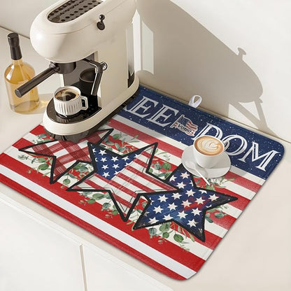 4th of July Dish Drying Mat 18x16 Inch, Patriotic Drying Mat with Absorbent Reversible Microfiber, Independence Day Dish Drainer Mats Memorial Day Rack Pad for Coffee Countertop Kitchen Protector