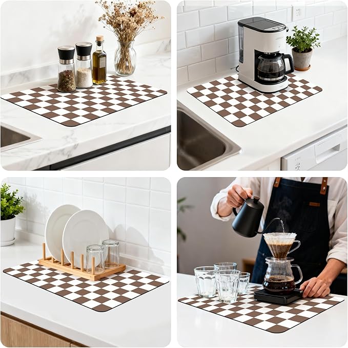 16" x 24" Checkered Dish Drying Mat for Kitchen Counter, Absorbent Coffee Bar Mat for Espresso Machine Coffee Countertops Accessories, Coffee Brown - Image 8