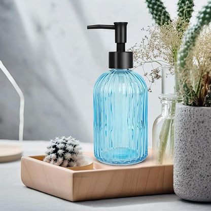 Topsky Stripe Glass Soap Dispenser with Black Plastic Pump, 400ml Liquid Hand Soap Dispenser, Rustproof Pump for Kitchen & Bathroom, Great for Lotions, Essential Oil, Liquid Soaps- (Light Blue) - Image 2