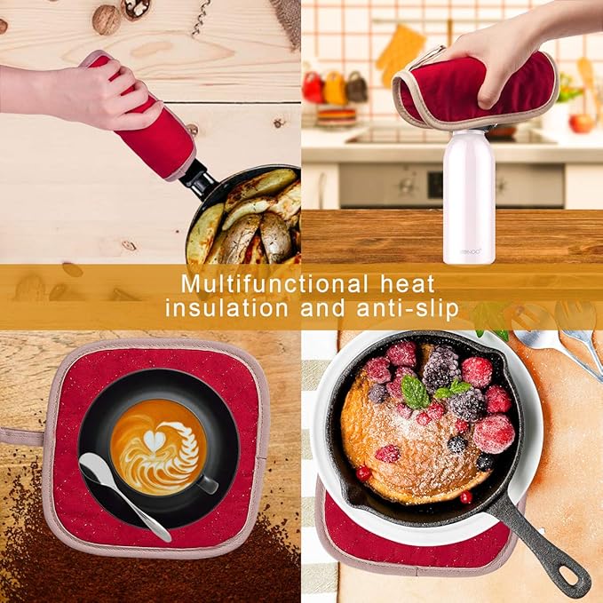 4Pcs Oven Mitts and Pot Holders Set, 572F Heat Resistant Oven Glove, Soft Cotton Lining with Non-Slip Surface for Kitchen Baking BBQ (Red) - Image 4