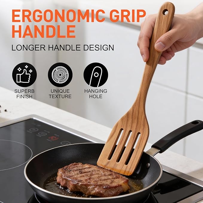 9 Pcs Wooden Spoons for Cooking Utensils with Utensil Holder Teak Wood Kitchen Utensils Set Flat Wooden Spatula Cooking Mixing Spoons Spaghetti Spoon Slotted Turner Scraper Spatula Large Utensils - Image 6
