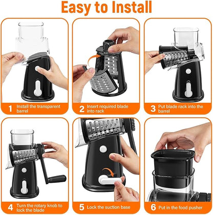 5 Blades Rotary Cheese Grater Hand Crank Vegetable Chopper Shredder Spiralizer Slicer Mandoline for Vegetable & Cheese & Fruit, Food Chopper for Kitchen with Blades Storage Box & Suction Base (Black)