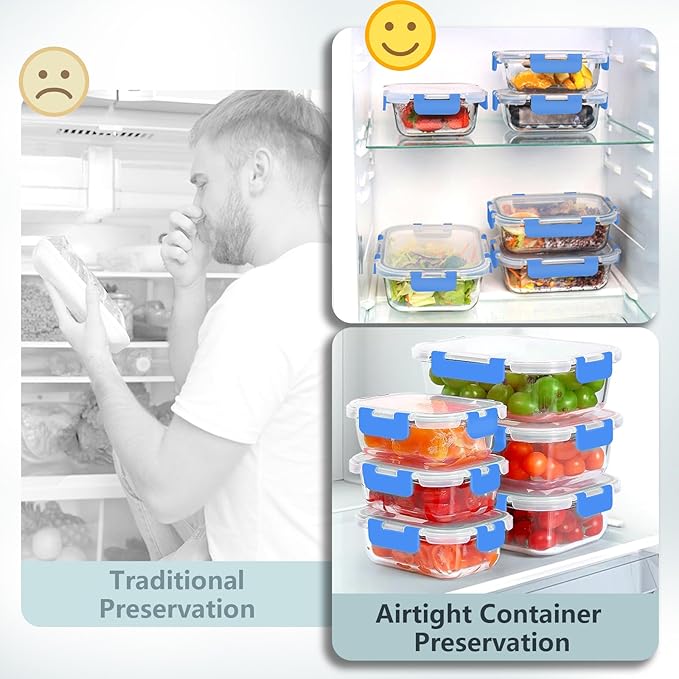 12 Pack Glass Food Storage Container Set with Lids Airtight, Stackable Meal Prep & Leftover Containers, Lunch Box for Microwave, Oven, Freezer and Dishwasher (Blue) - Image 5