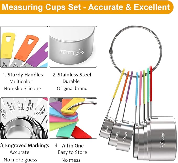 Wildone 8-Piece Measuring Cups Set, Stainless Steel Nesting Measuring Cups, Perfect for Dry and Liquid Ingredients, Dishwasher Safe - Image 3