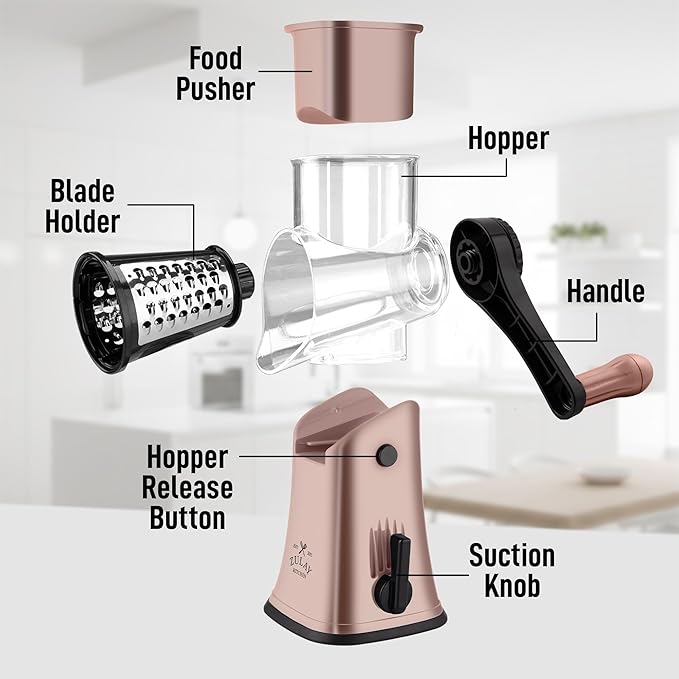 Zulay Kitchen Rotary Cheese Grater 5 Blade Cheese Shredder - Manual Hand Crank Cheese Grater With Reinforced Suction & 5 Interchangeable Drums - Easy to Use, Vegetable Chopper Round Mandoline Slicer - Image 8