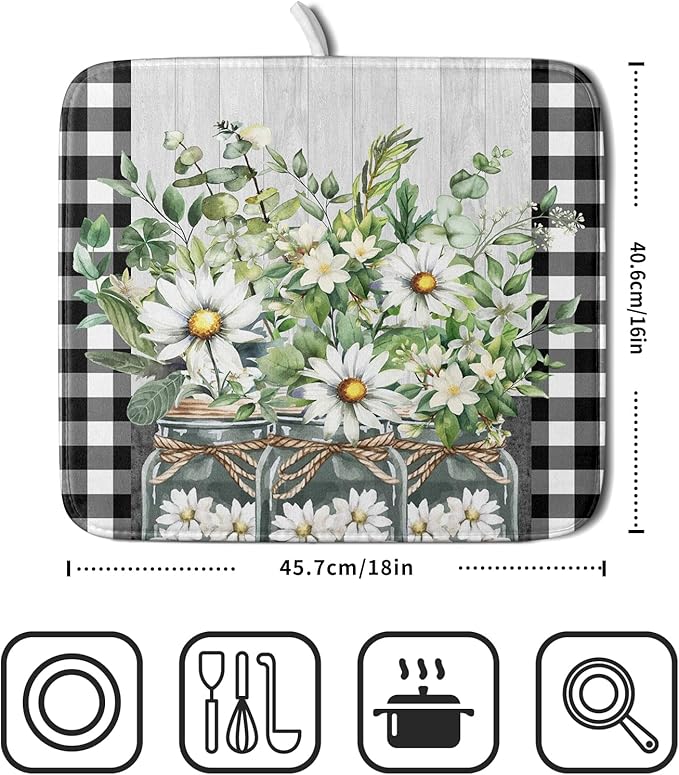 Spring Summer White Daisy Flowers Dish Drying Mat for Kitchen Counter Daisy Spring Flowers Dish Drying Mat 16x18 Inch Absorbent Reversible Microfiber Protector Drainer Mat Dishes Pad for Countertops