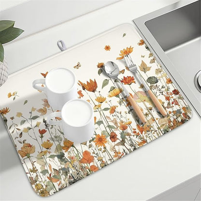 Fall Floral Dish Drying Mat for Kitchen Counter Orange Rustic Vintage Wildflower Pattern Microfiber Dish Drainer Mat Autumn Absorbent Washable Drying Pad Extra Large 18"x24"