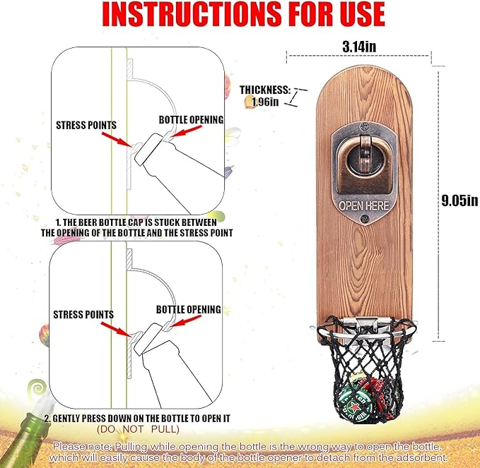 Beer Bottle Opener Wall Mounted with Magnetic Cap Catcher,Wooden Magnetic Bottle Opener for Fridge,Vintage Beer Gifts for Men, Man Cave Decor,Gifts for Men and Beer Lovers(Style 3)