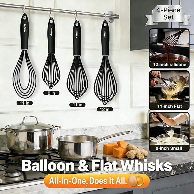 Anaeat Silicone Kitchen Whisk Set of 4, Perfect for Non-Stick Cookware, Egg Beater Milk ​Blender for Whisking, Cooking, Baking, Beating - 11'' Flat Whisk and 9''+11''+12'' Balloon Whisks (Black) - Image 7
