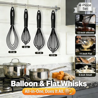 Anaeat Silicone Kitchen Whisk Set of 4, Perfect for Non-Stick Cookware, Egg Beater Milk ​Blender for Whisking, Cooking, Baking, Beating - 11'' Flat Whisk and 9''+11''+12'' Balloon Whisks (Black) - Image 7