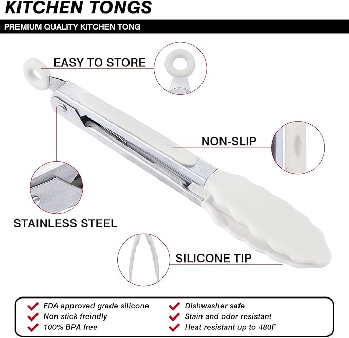 MSY BIGSUNNY Kitchen Food Tongs - 7" Mini Silicone Serving Tongs for Appetizers - Set of 3 (Black White Gray)