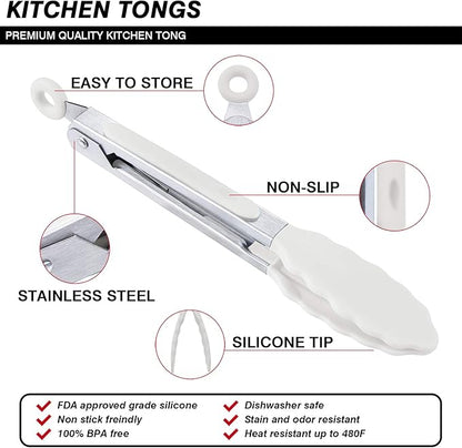 MSY BIGSUNNY Kitchen Food Tongs - 7" Mini Silicone Serving Tongs for Appetizers - Set of 3 (Black White Gray)