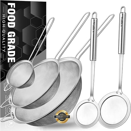 Walfos Fine Mesh Strainer and Fat Skimmer Spoon Set, Multipurpose Metal Strainers for Kitchen, Rice, Quinoa, Food, 304 Stainless Steel Fat Skimmer For Cooking, Fat, Grease, Floating Foam, 5 Pack by Walfos