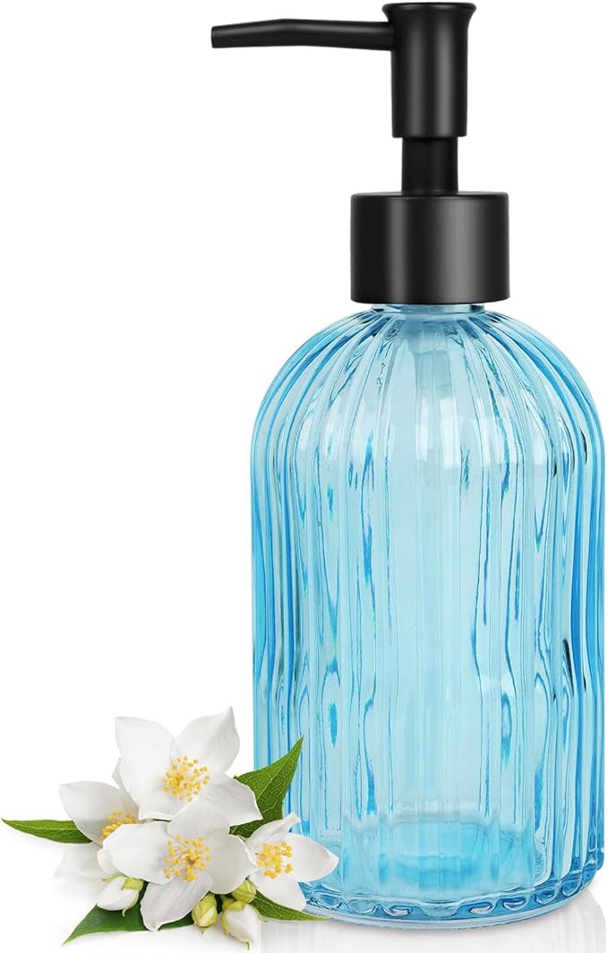 Topsky Stripe Glass Soap Dispenser with Black Plastic Pump, 400ml Liquid Hand Soap Dispenser, Rustproof Pump for Kitchen & Bathroom, Great for Lotions, Essential Oil, Liquid Soaps- (Light Blue) by HomeandKitchenNO1