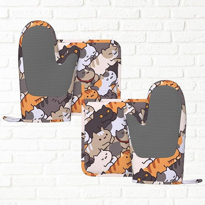 Fun Cat Cartoon Animal Face Oven Mitts and Pot Holders Set of 4 Silicone Heat Resistant Oven Mitten Potholders Non Slip Gloves Kitchen Decor for BBQ Cooking Grilling Baking