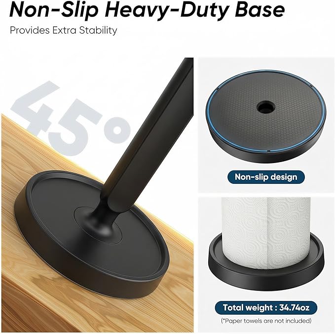 theaoo Paper Towel Holder Countertop, One-Handed Tear Paper Towel Stand Dispenser with Damping Function for Kitchen Bathroom, Stainless Steel Paper Towel Holder with Weighted Non-Slip Base (1, Black) - Image 6