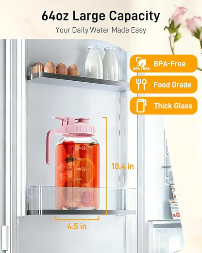 64 oz Glass Pitcher with Lid, Large Wide Mouth Mason Jar with Pour Spout, Pink Sun Tea Jar for Outside, Glass Water Pitcher Great for Drink, Cold Beverages and Breast Milk - Image 2