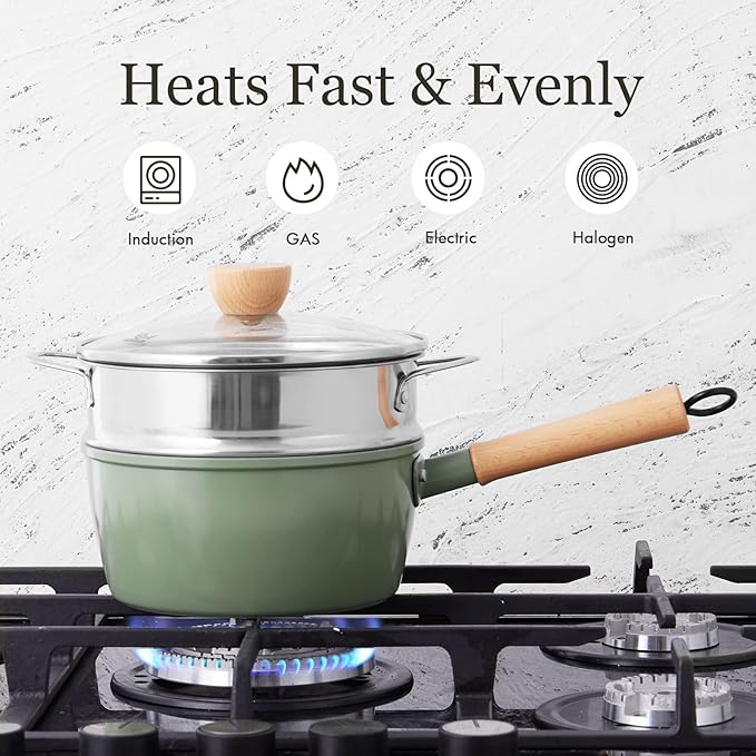ROCKURWOK Ceramic Nonstick Sauce Pan, 3 QT Pot with Steamer, Non Toxic & PFAS-Free, Wooden Handle for Cool Touch, Universal Base(Gas, Electric & Induction), Green - Image 6