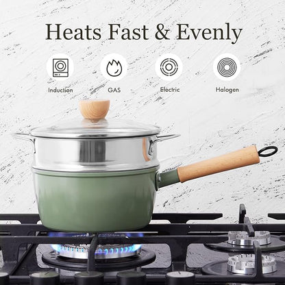 ROCKURWOK Ceramic Nonstick Sauce Pan, 3 QT Pot with Steamer, Non Toxic & PFAS-Free, Wooden Handle for Cool Touch, Universal Base(Gas, Electric & Induction), Green - Image 6