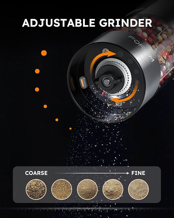 FORLIM Electric Salt and Pepper Grinder Set, USB Rechargeable, Automatic Salt Pepper Mill Grinder with Dust Cover, One-Button Control, Adjustable Coarseness, Warm LED Light (2 Packs, Stainless Steel) - Image 8